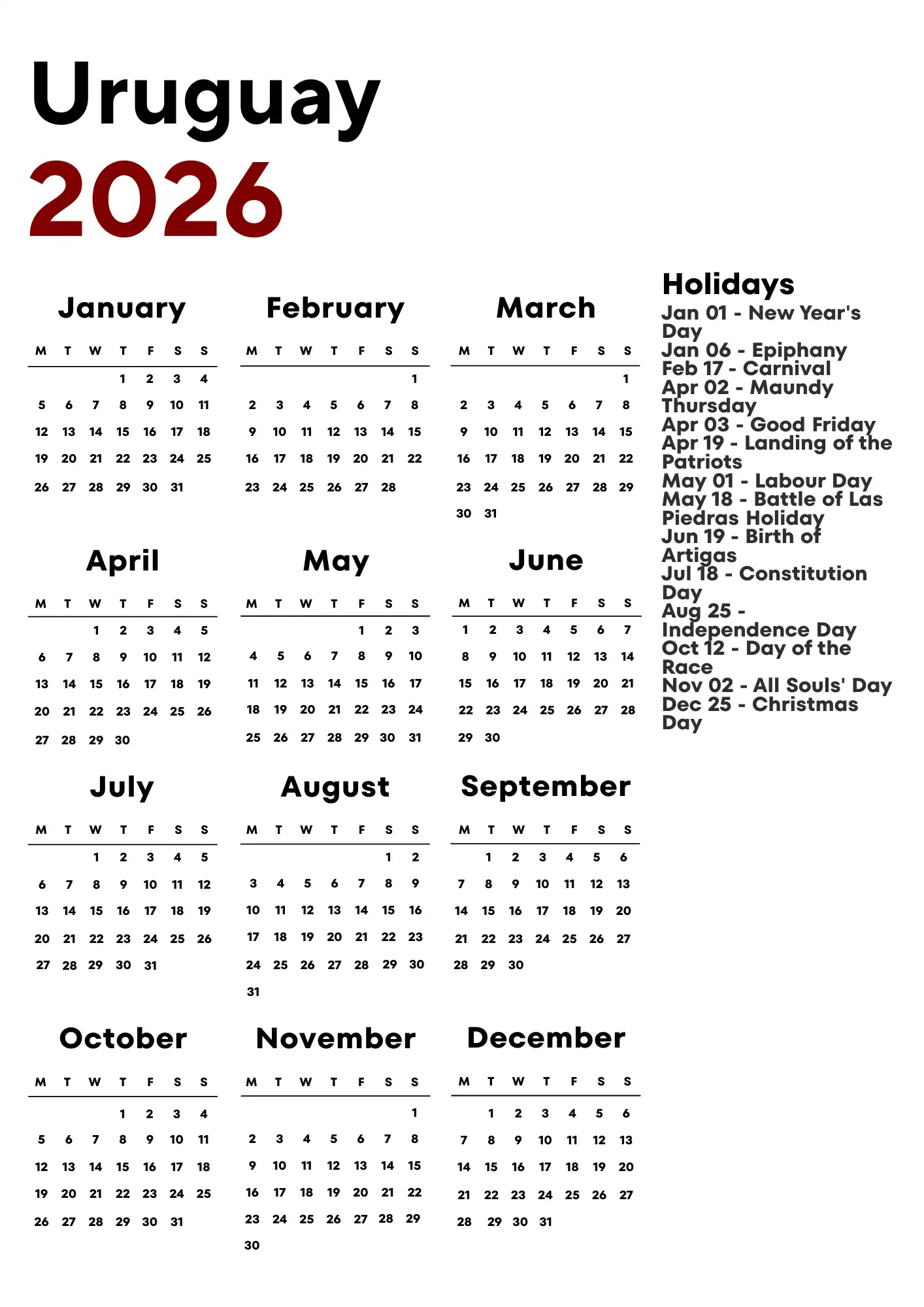 Uruguay Calendar 2026