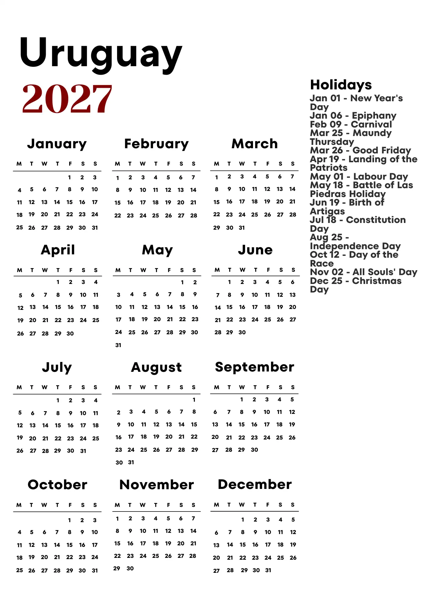 Uruguay Calendar 2027