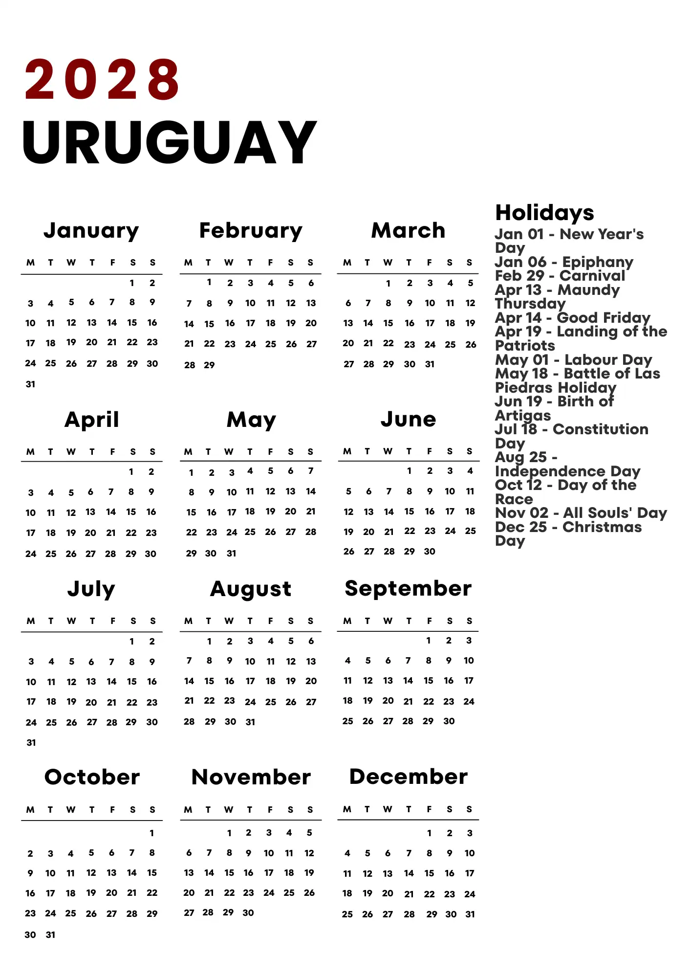 Uruguay Calendar 2028