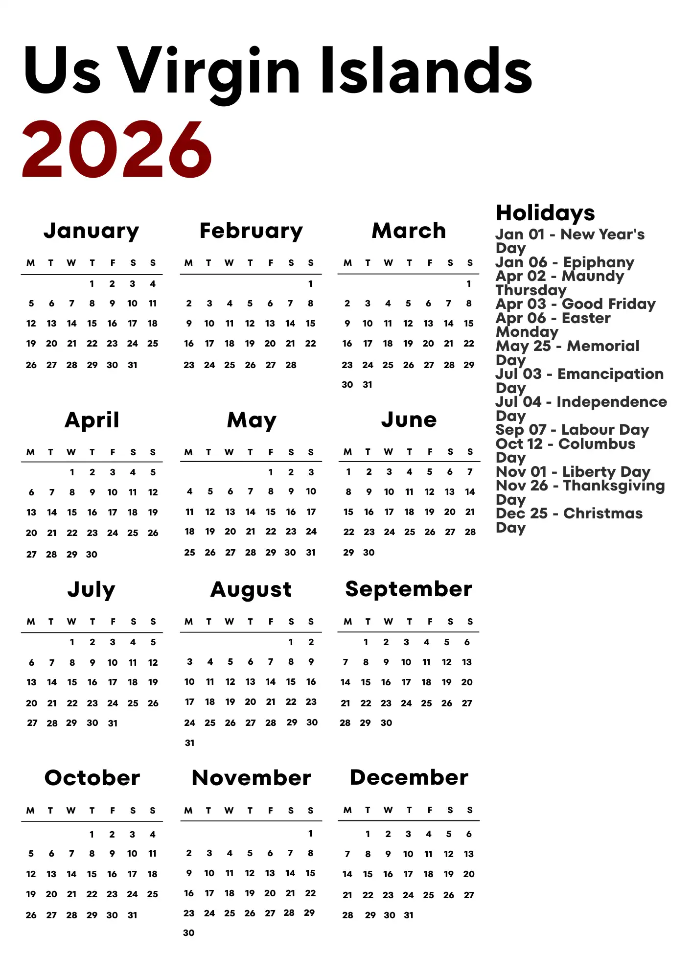 Us Virgin Islands Calendar 2026