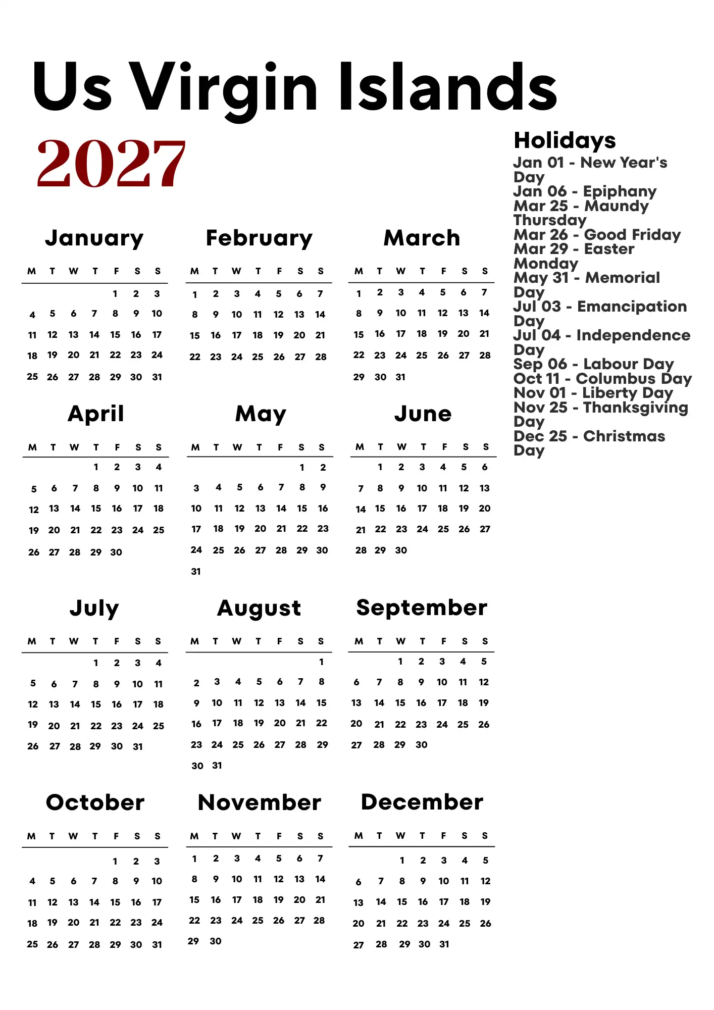 Us Virgin Islands Calendar 2027