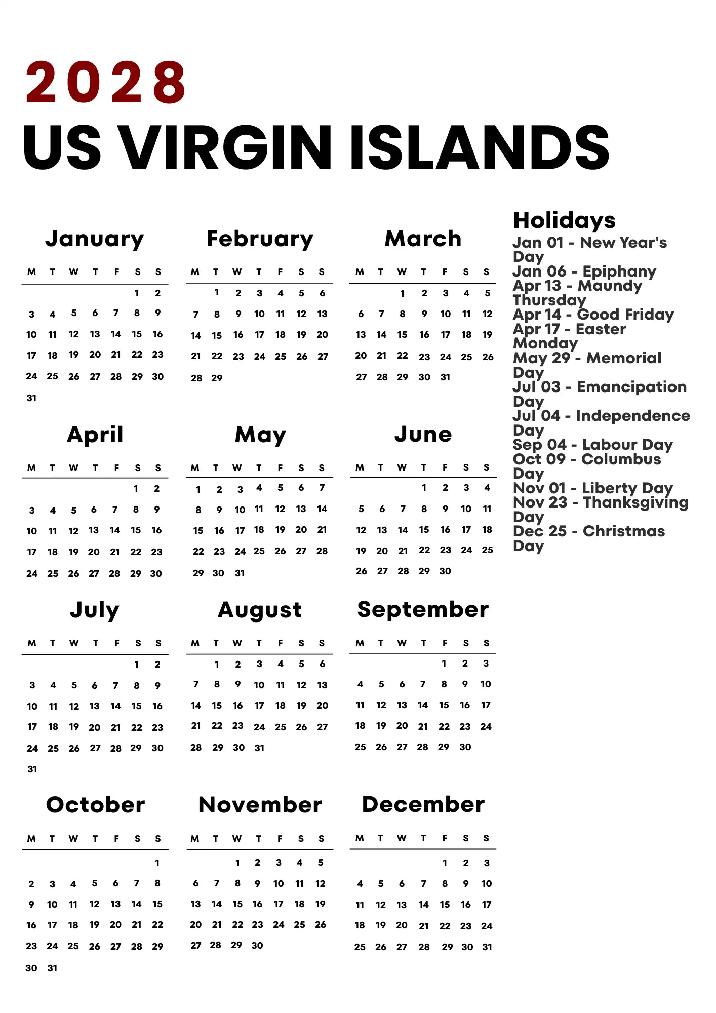 Us Virgin Islands Calendar 2028