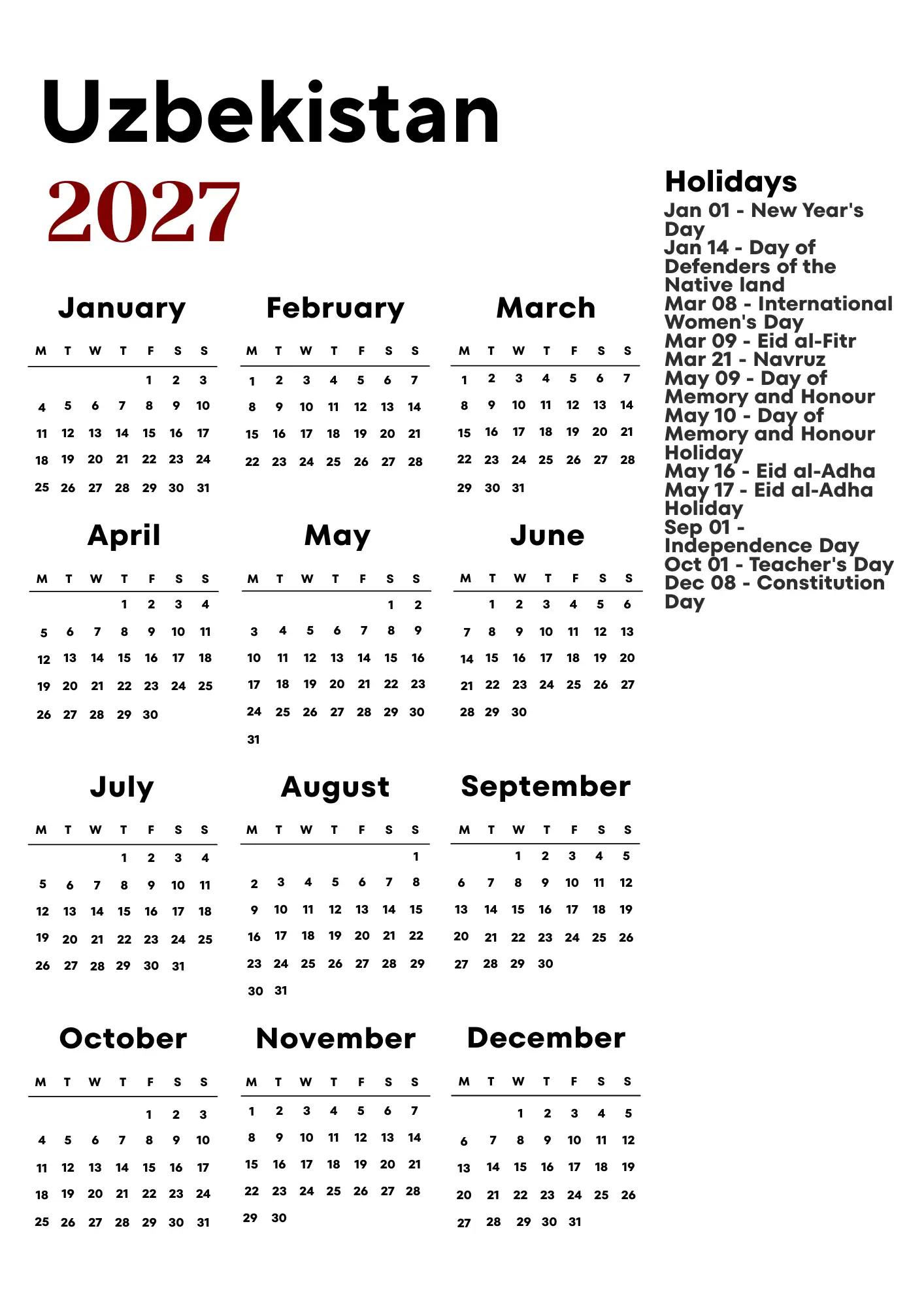 Uzbekistan Calendar 2027