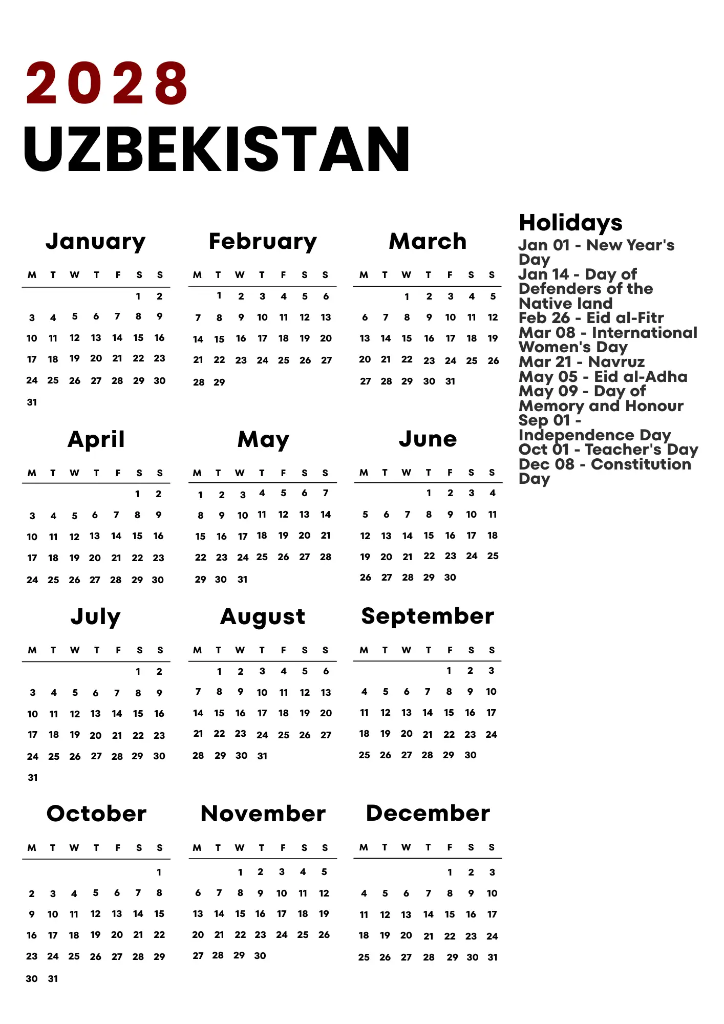 Uzbekistan Calendar 2028