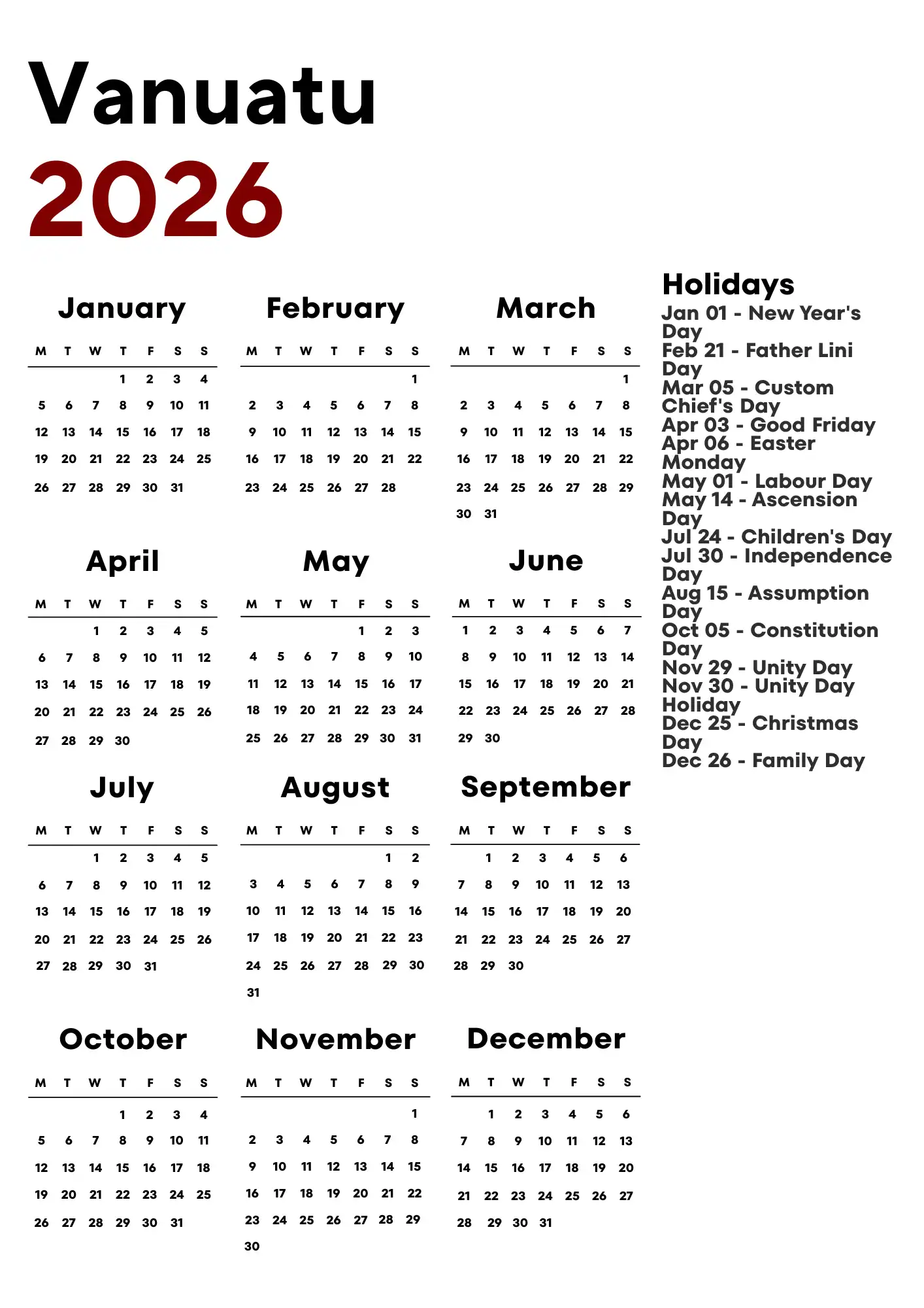 Vanuatu Calendar 2026