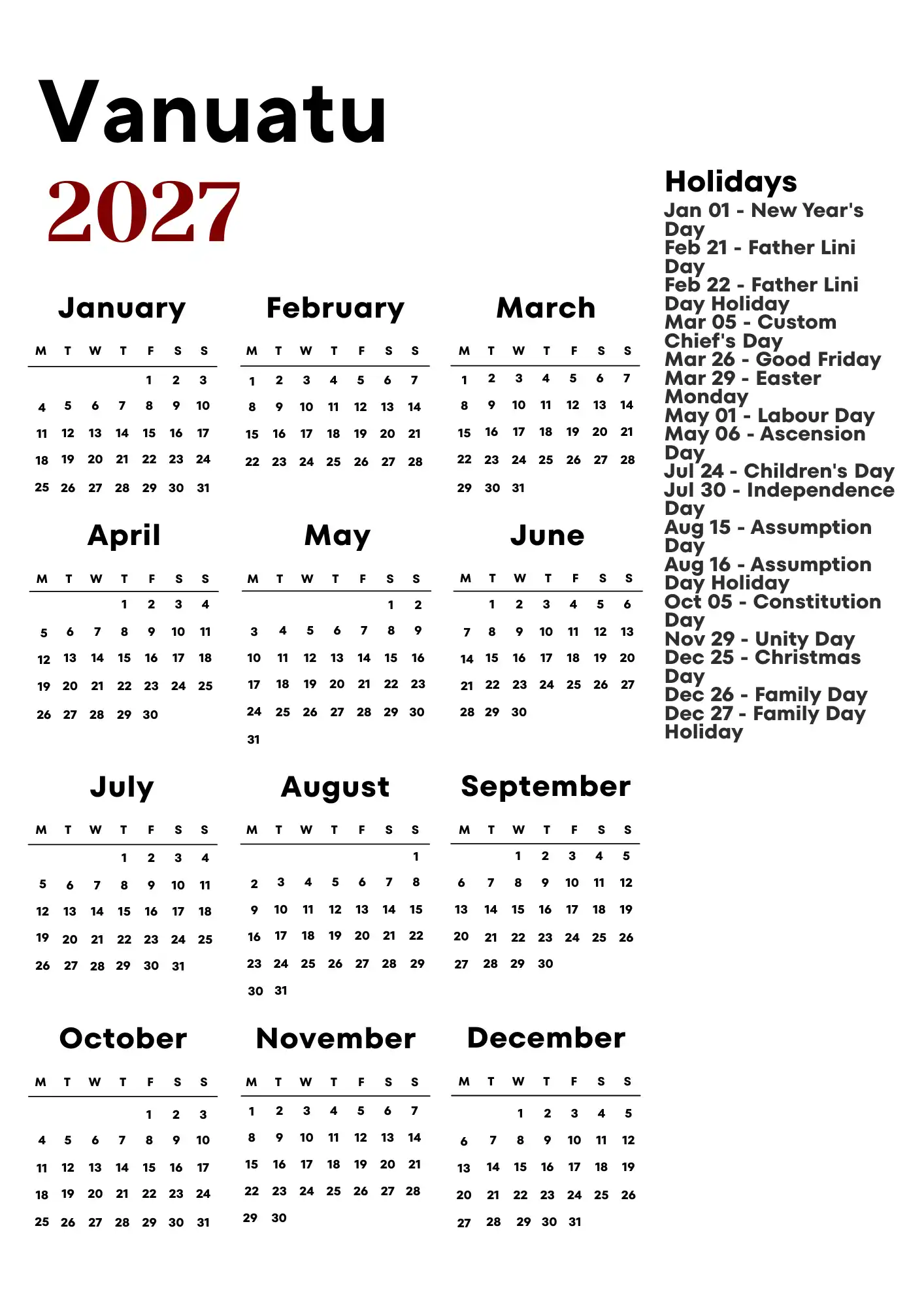 Vanuatu Calendar 2027