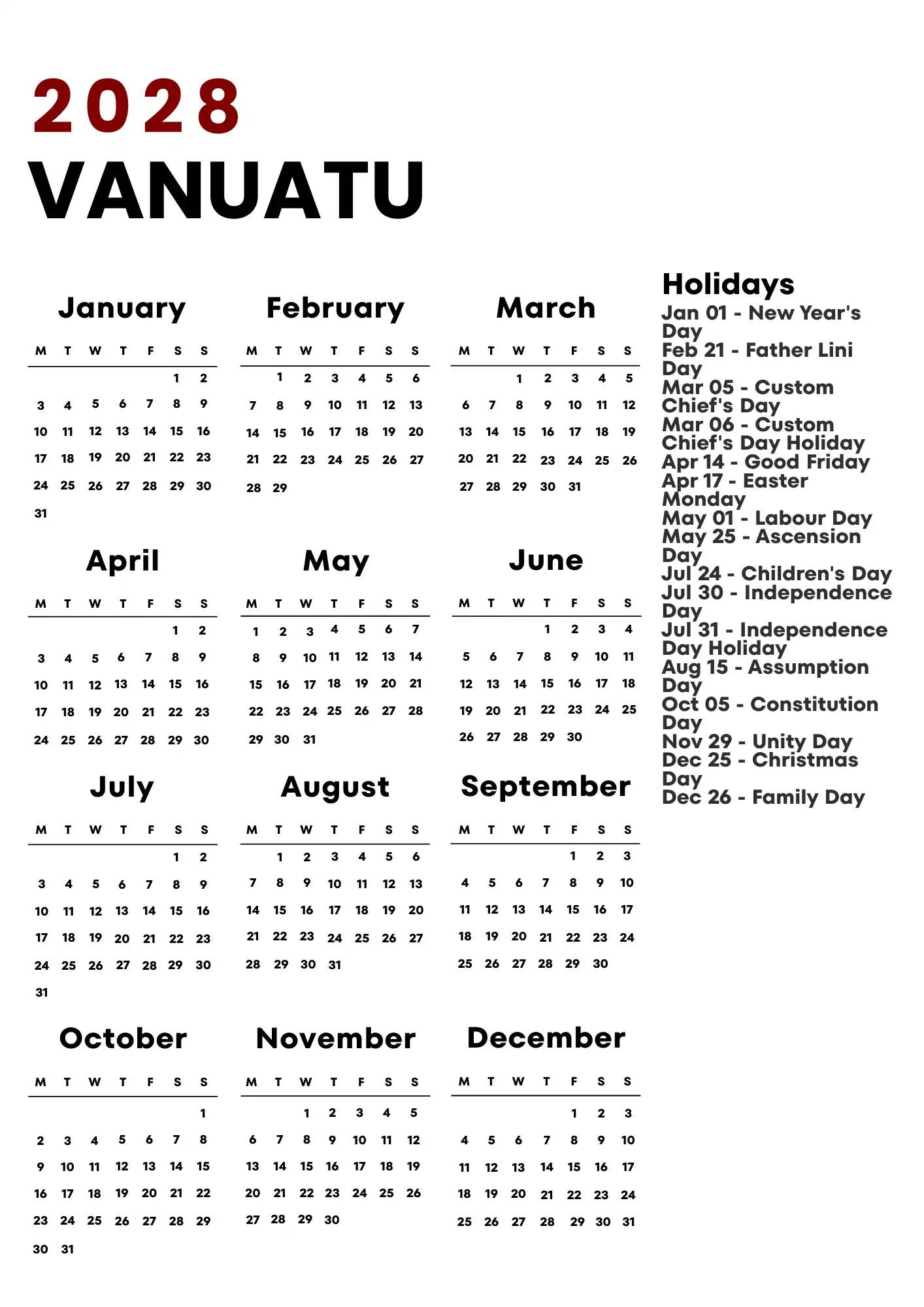 Vanuatu Calendar 2028
