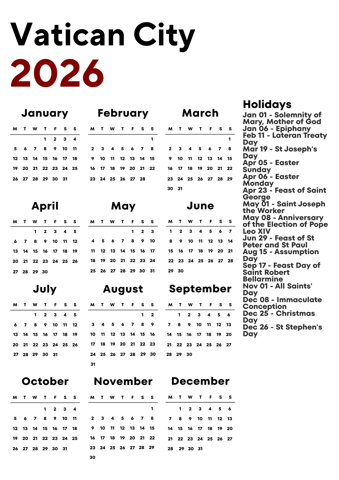 Vatican City Calendar 2026