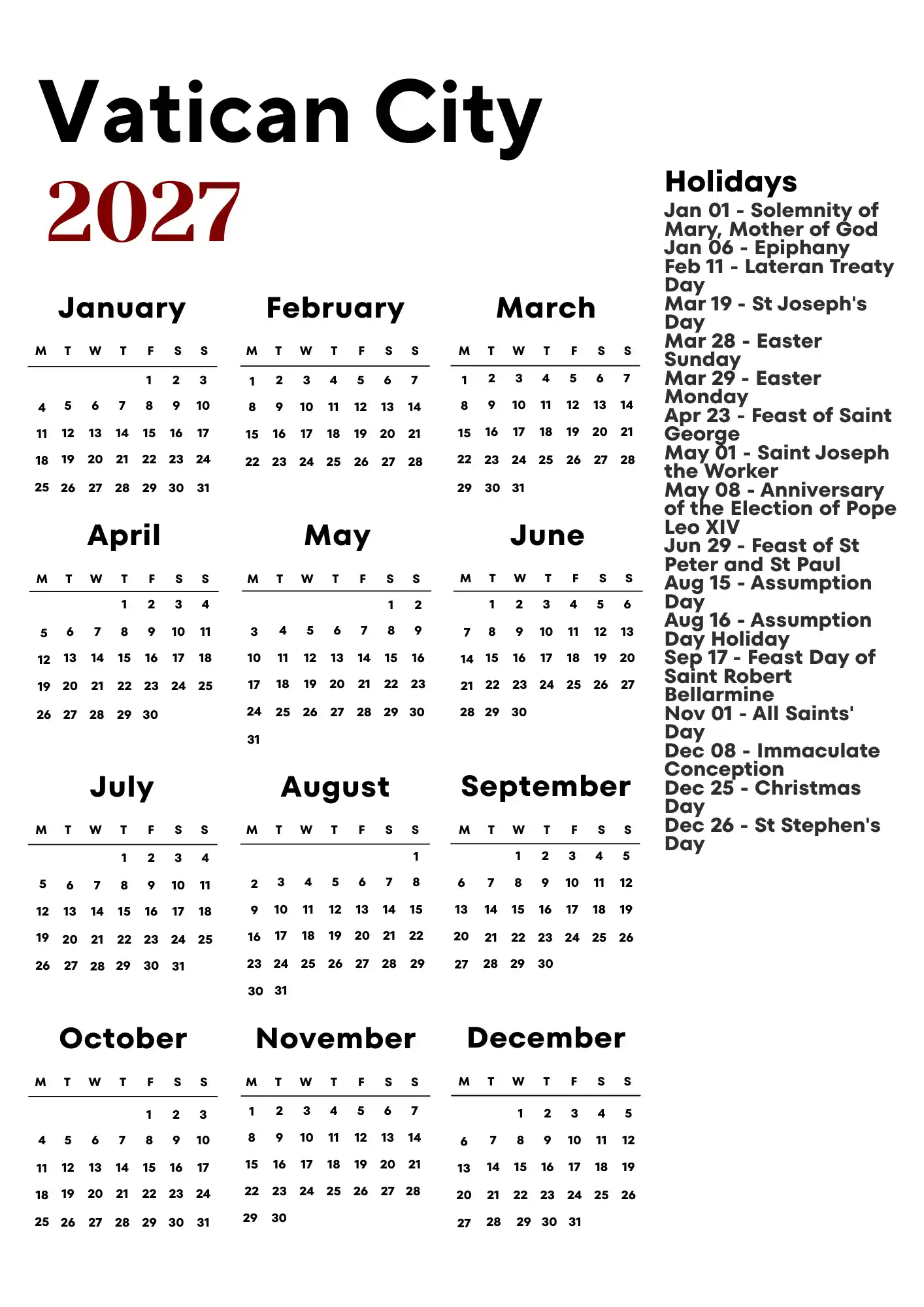 Vatican City Calendar 2027