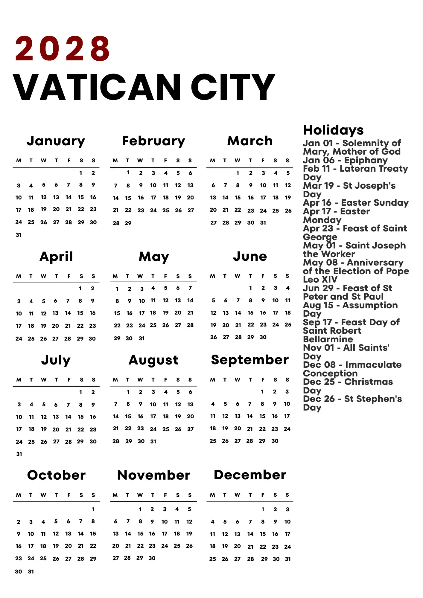 Vatican City Calendar 2028