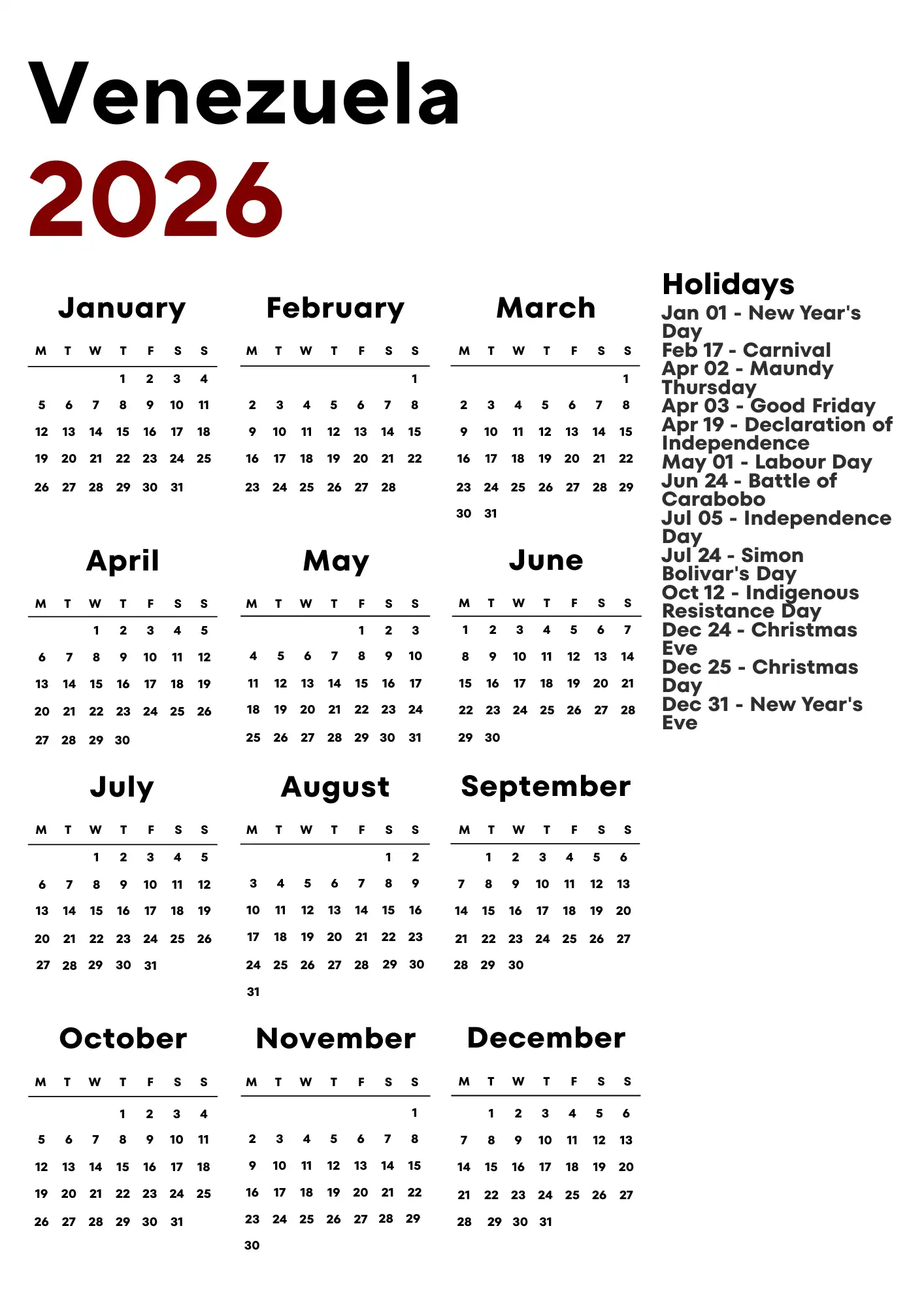 Venezuela Calendar 2026