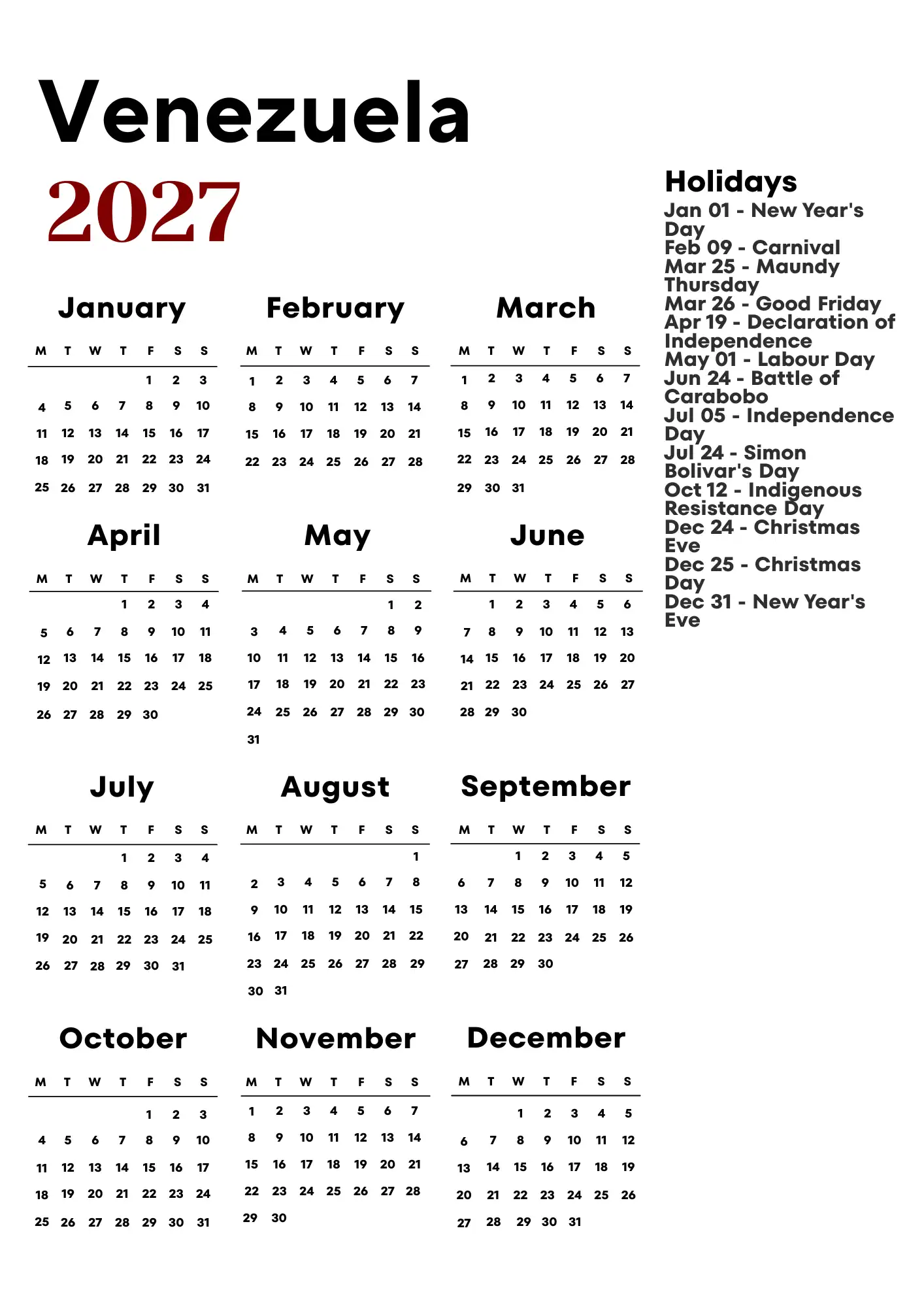 Venezuela Calendar 2027
