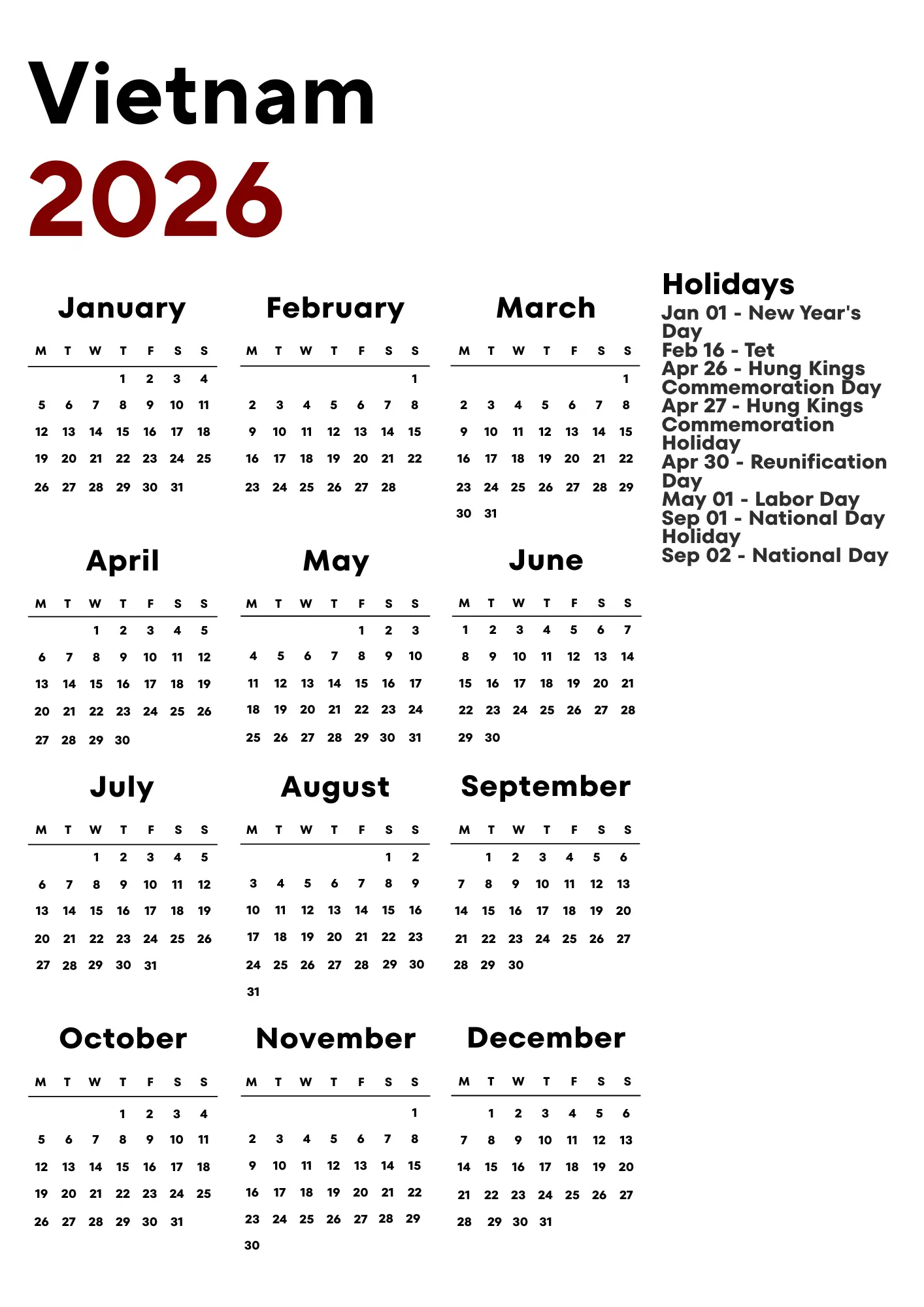 Vietnam Calendar 2026