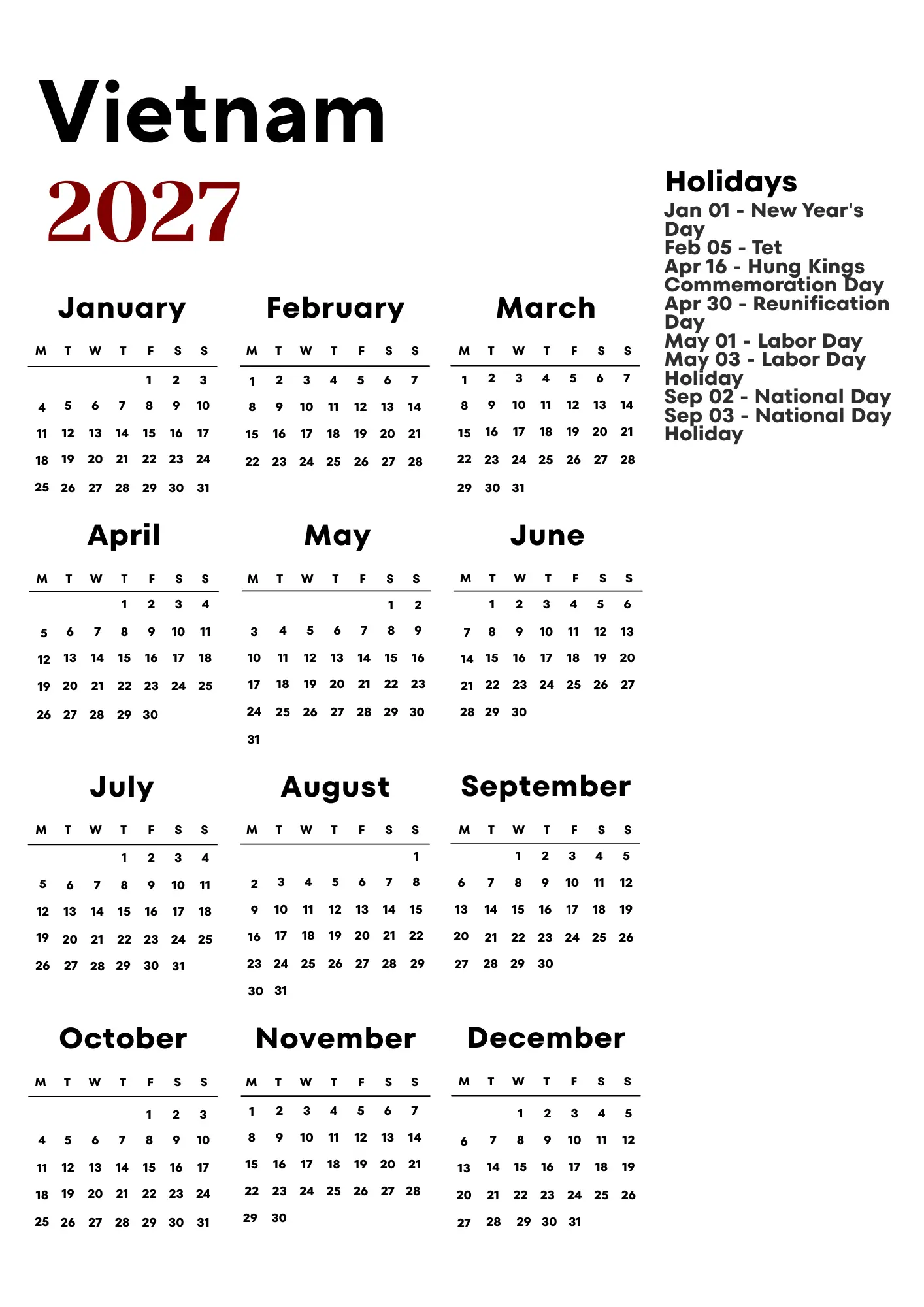Vietnam Calendar 2027