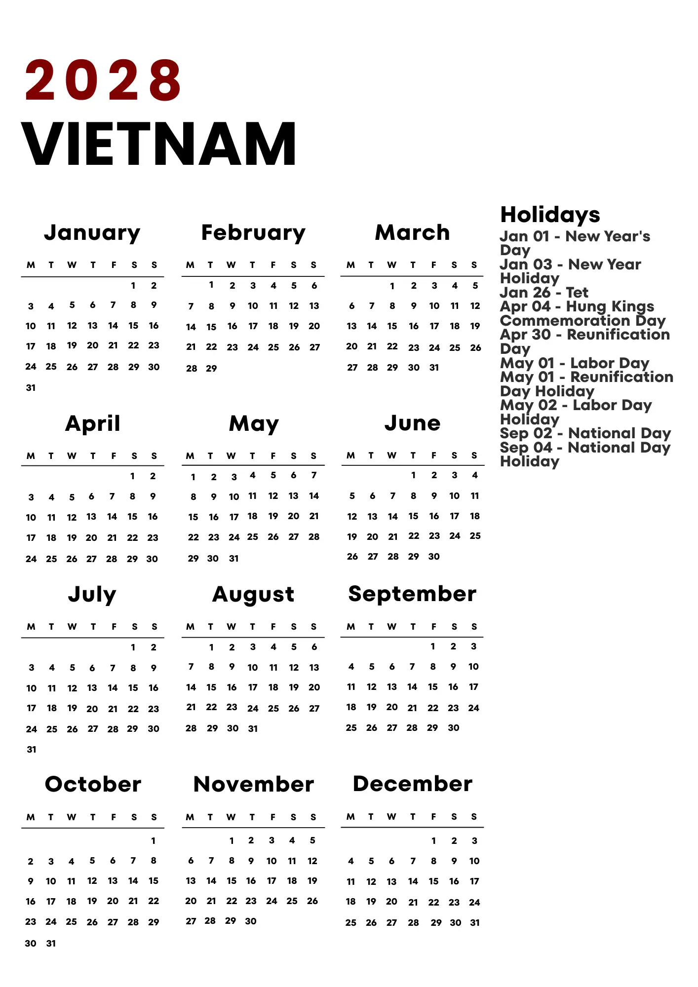 Vietnam Calendar 2028