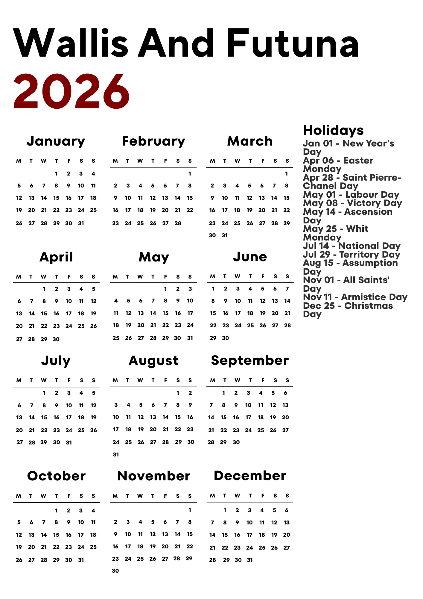 Wallis And Futuna Calendar 2026