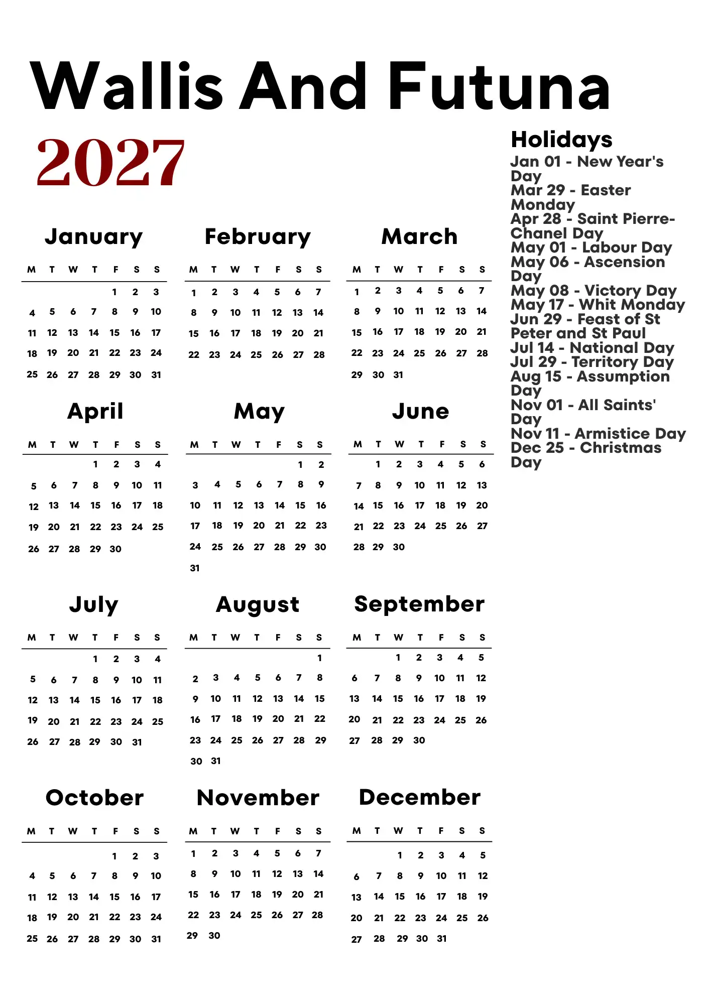 Wallis And Futuna Calendar 2027