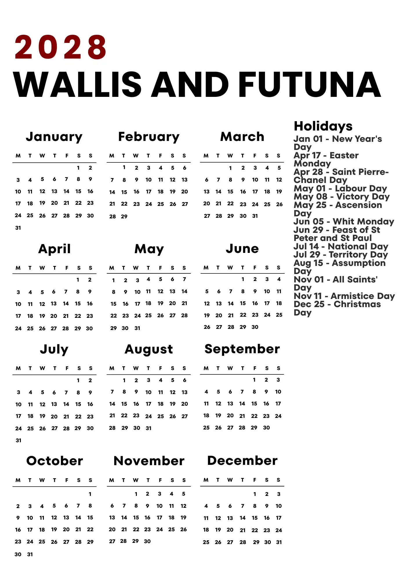 Wallis And Futuna Calendar 2028