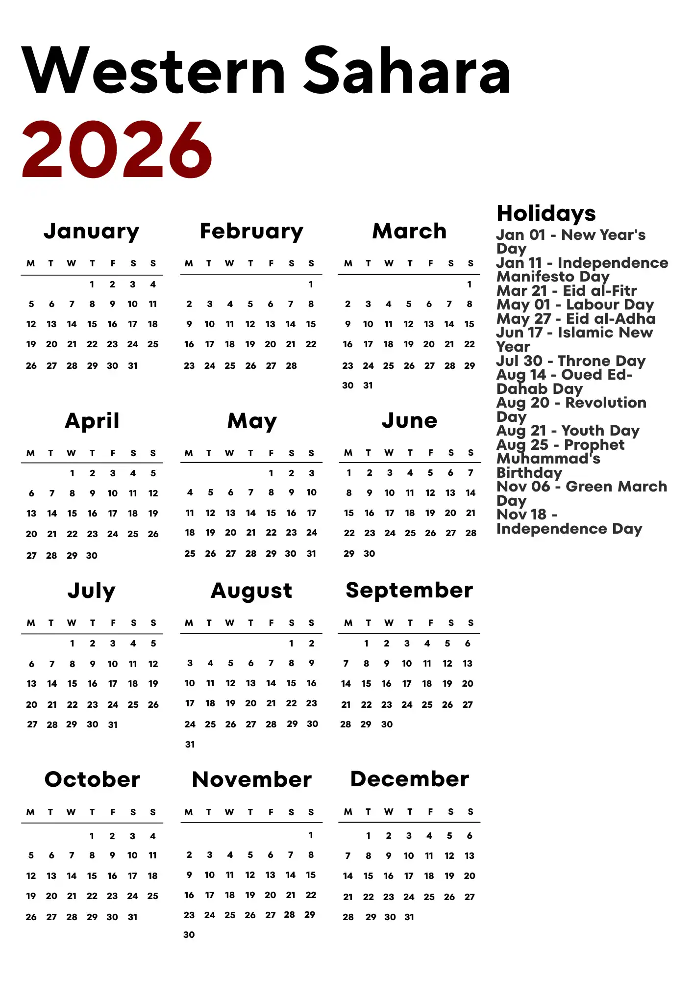 Western Sahara Calendar 2026