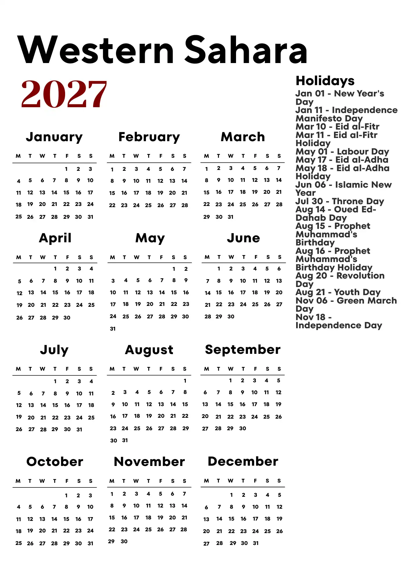 Western Sahara Calendar 2027