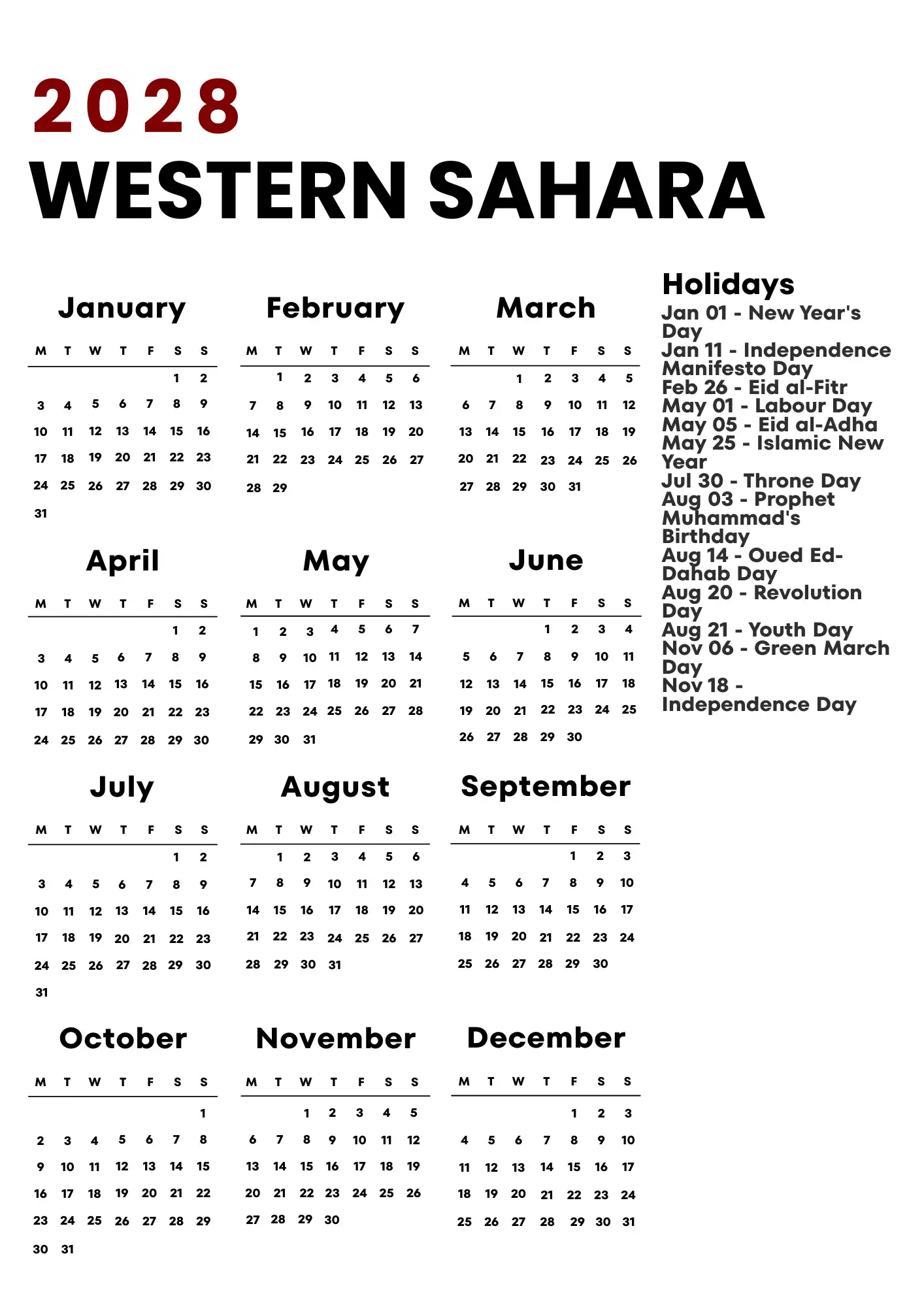Western Sahara Calendar 2028