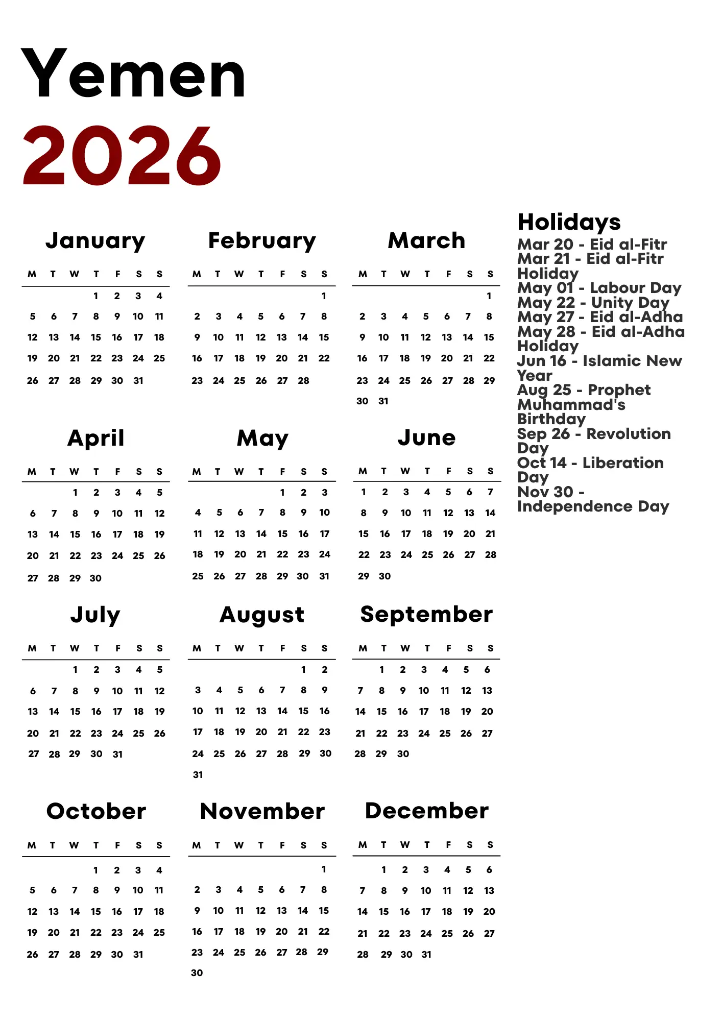 Yemen Calendar 2026
