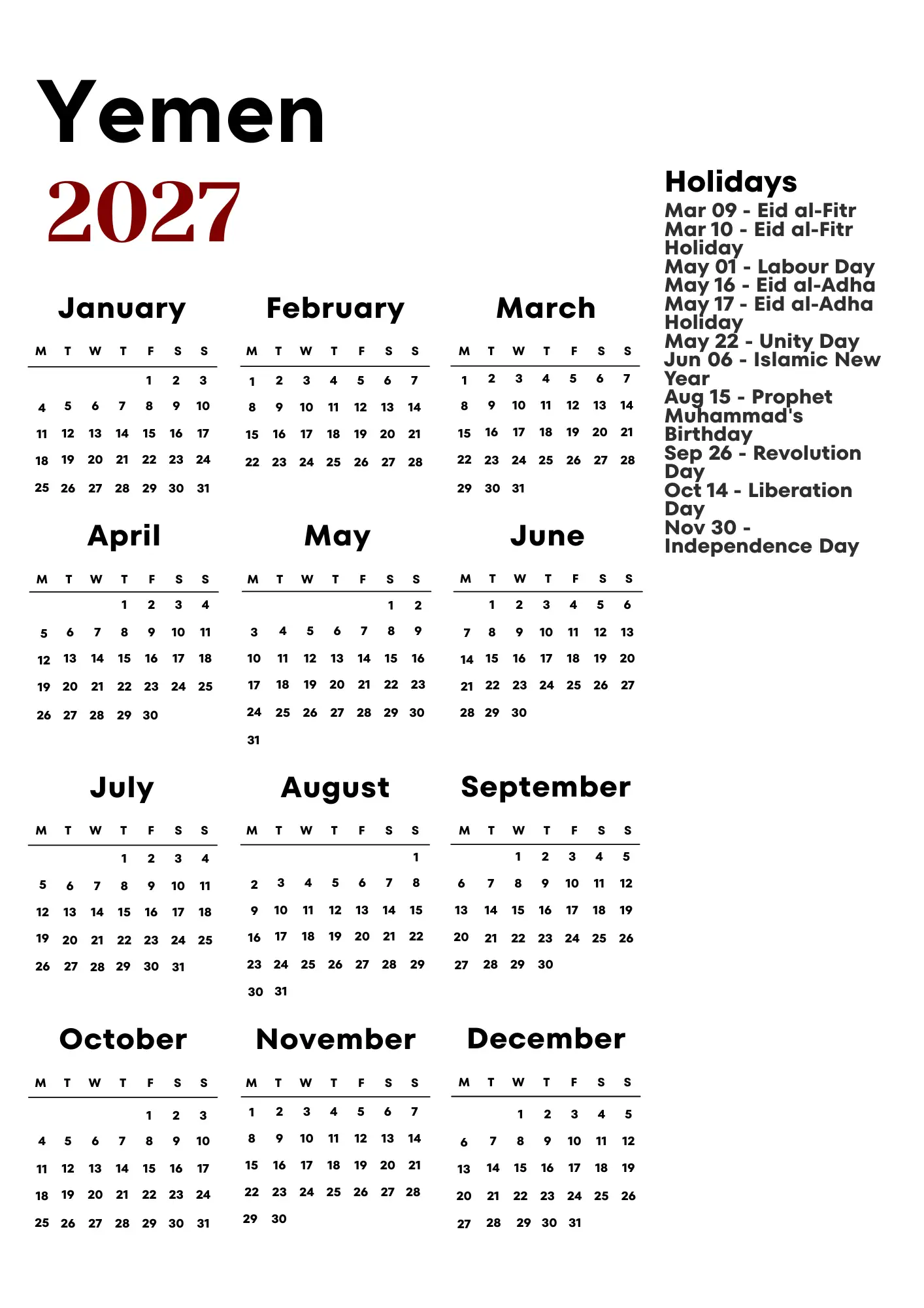 Yemen Calendar 2027