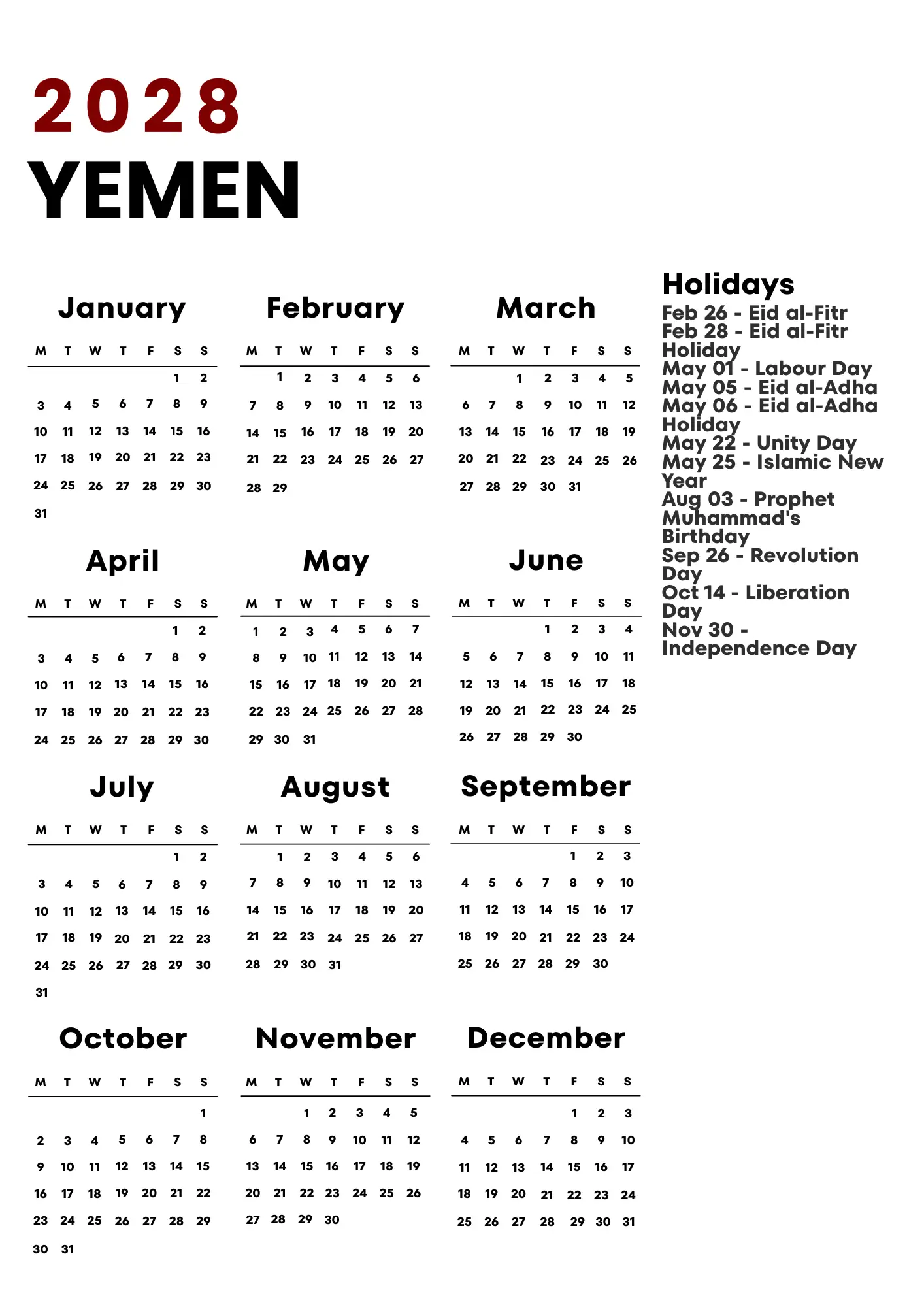 Yemen Calendar 2028