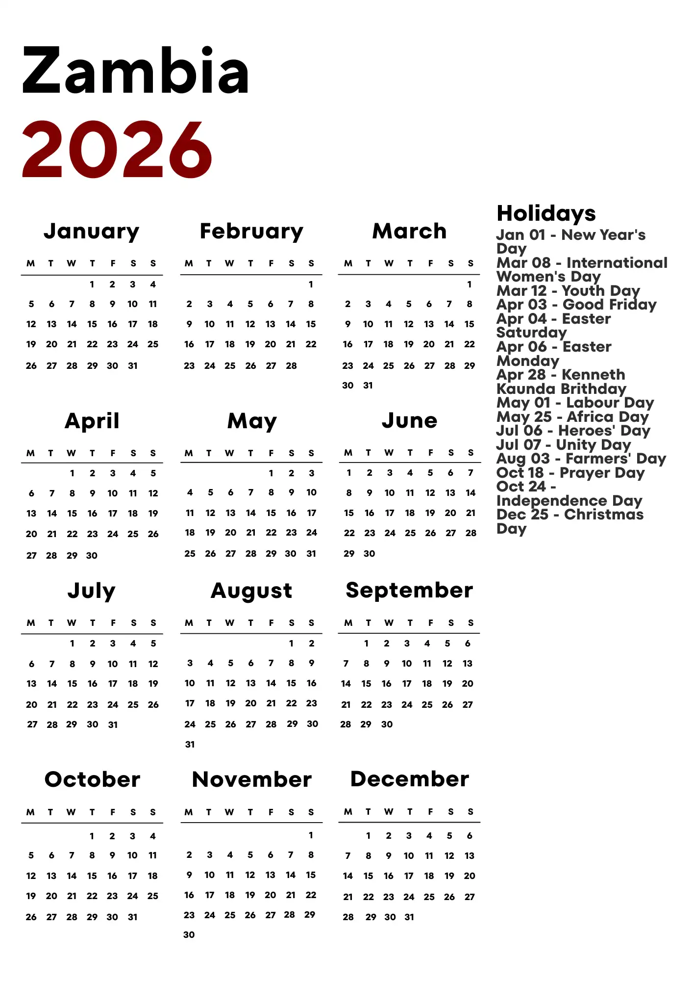 Zambia Calendar 2026