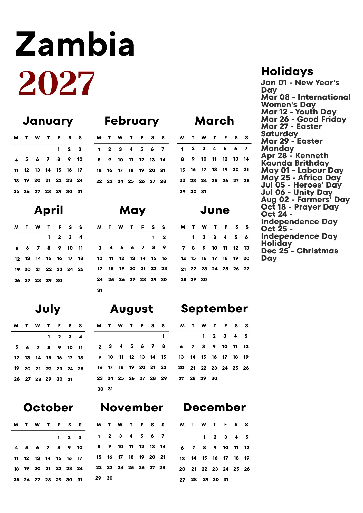Zambia Calendar 2027