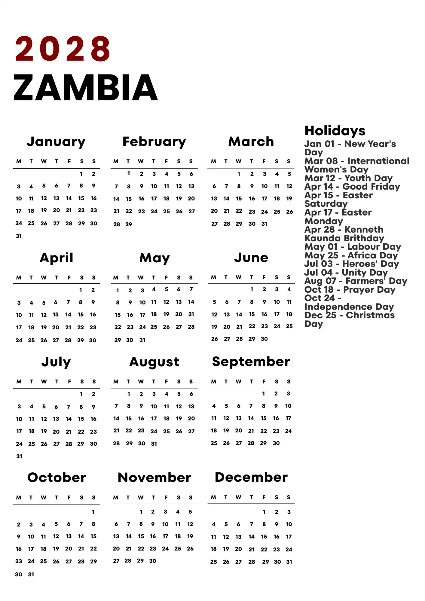 Zambia Calendar 2028