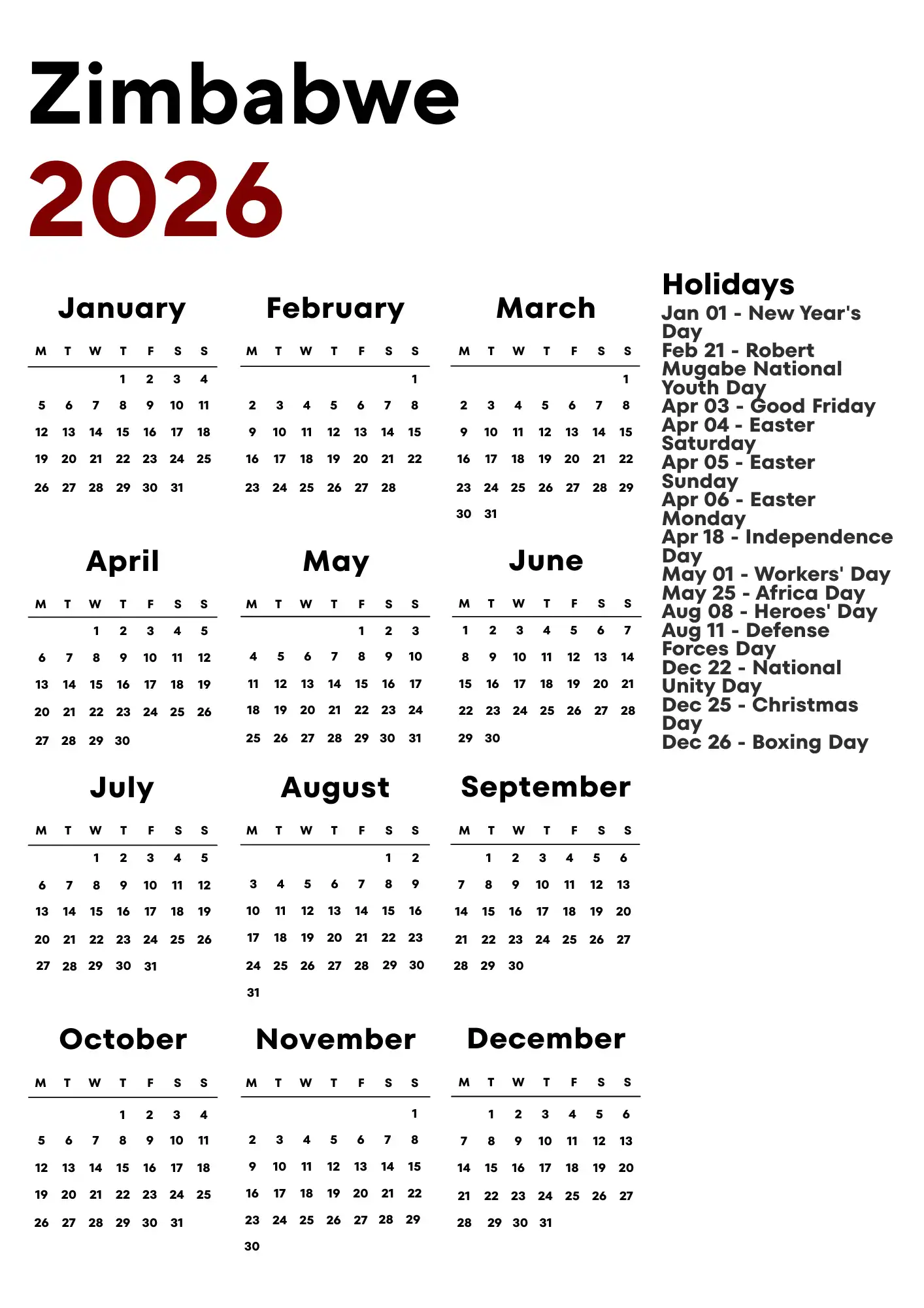 Zimbabwe Calendar 2026