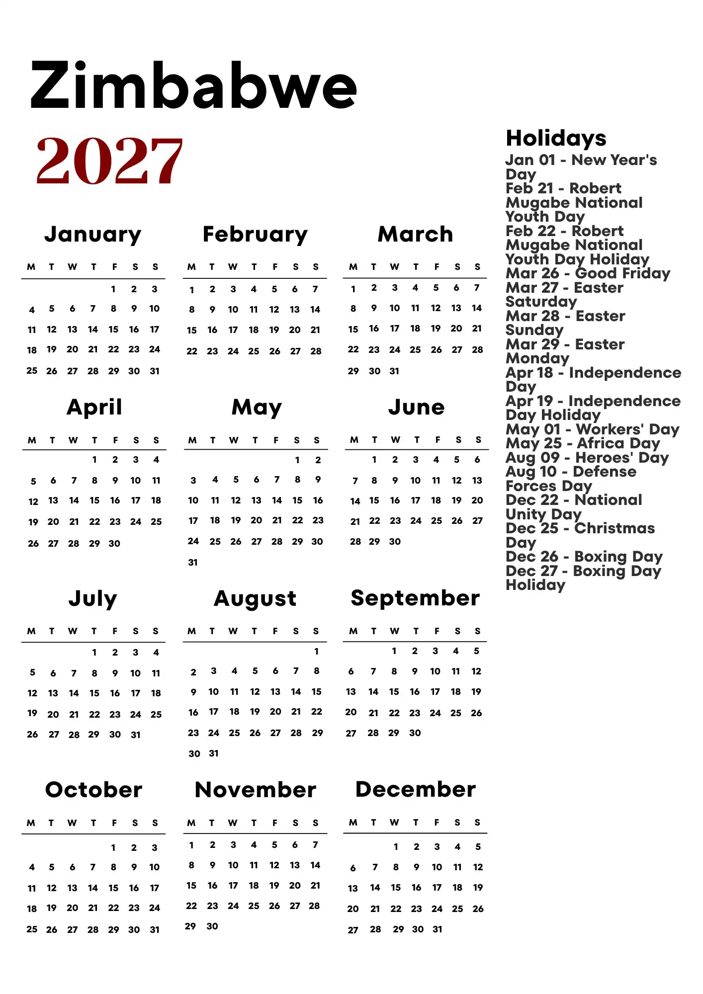 Zimbabwe Calendar 2027