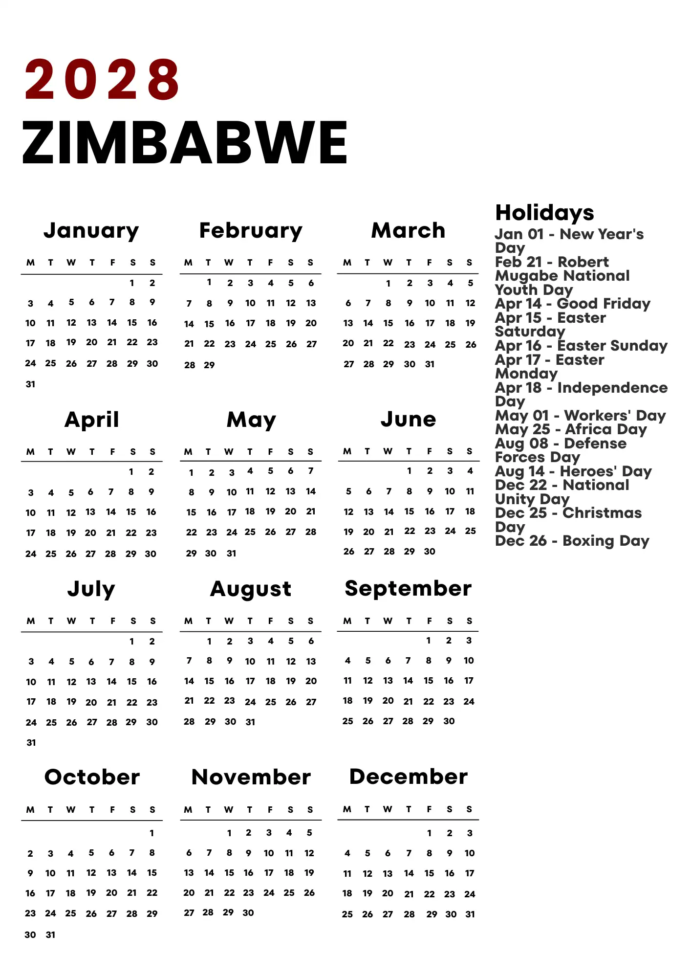 Zimbabwe Calendar 2028
