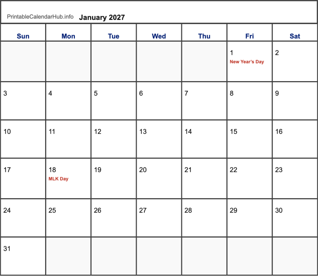 January Editable Calendar